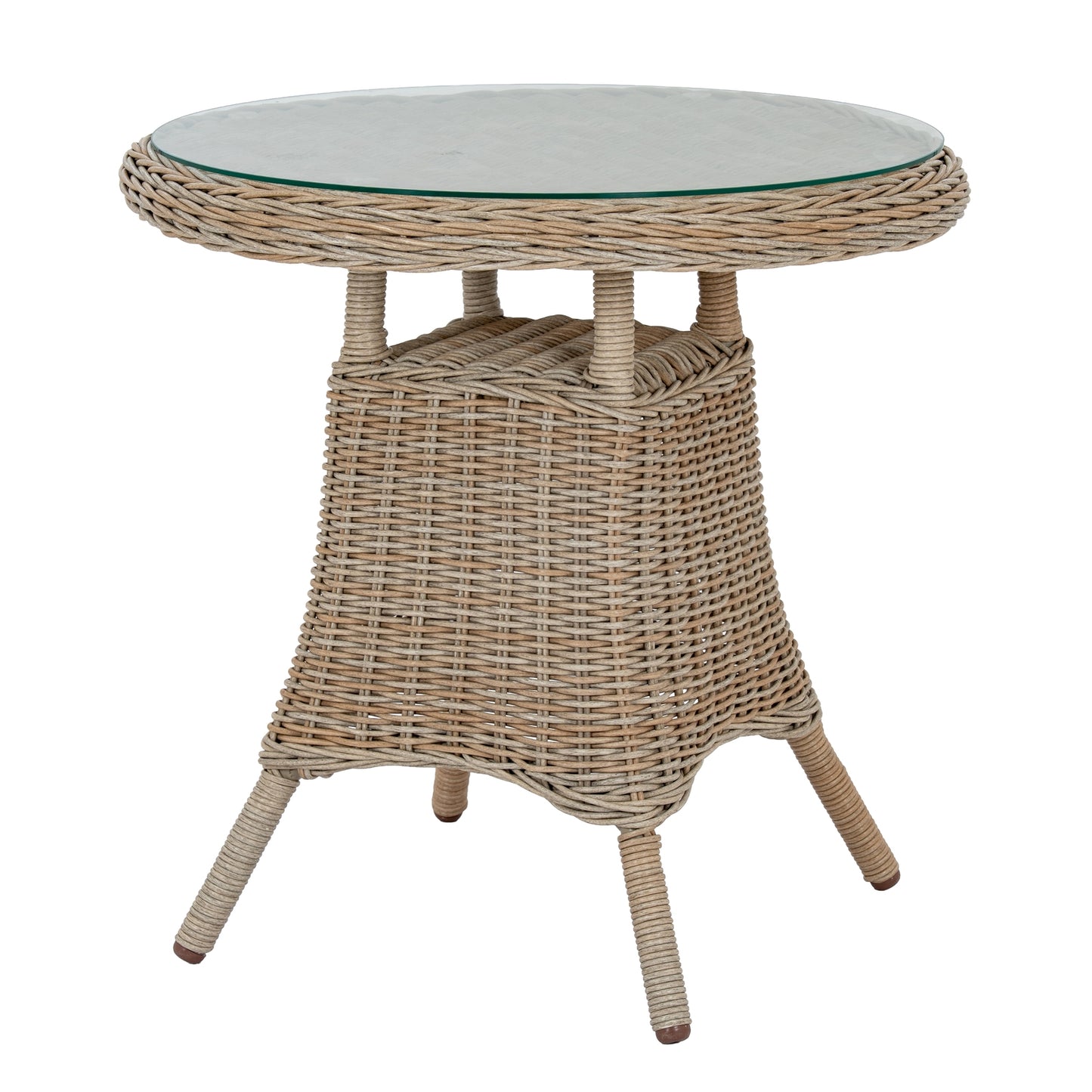 Round wicker table with glass top on a white background