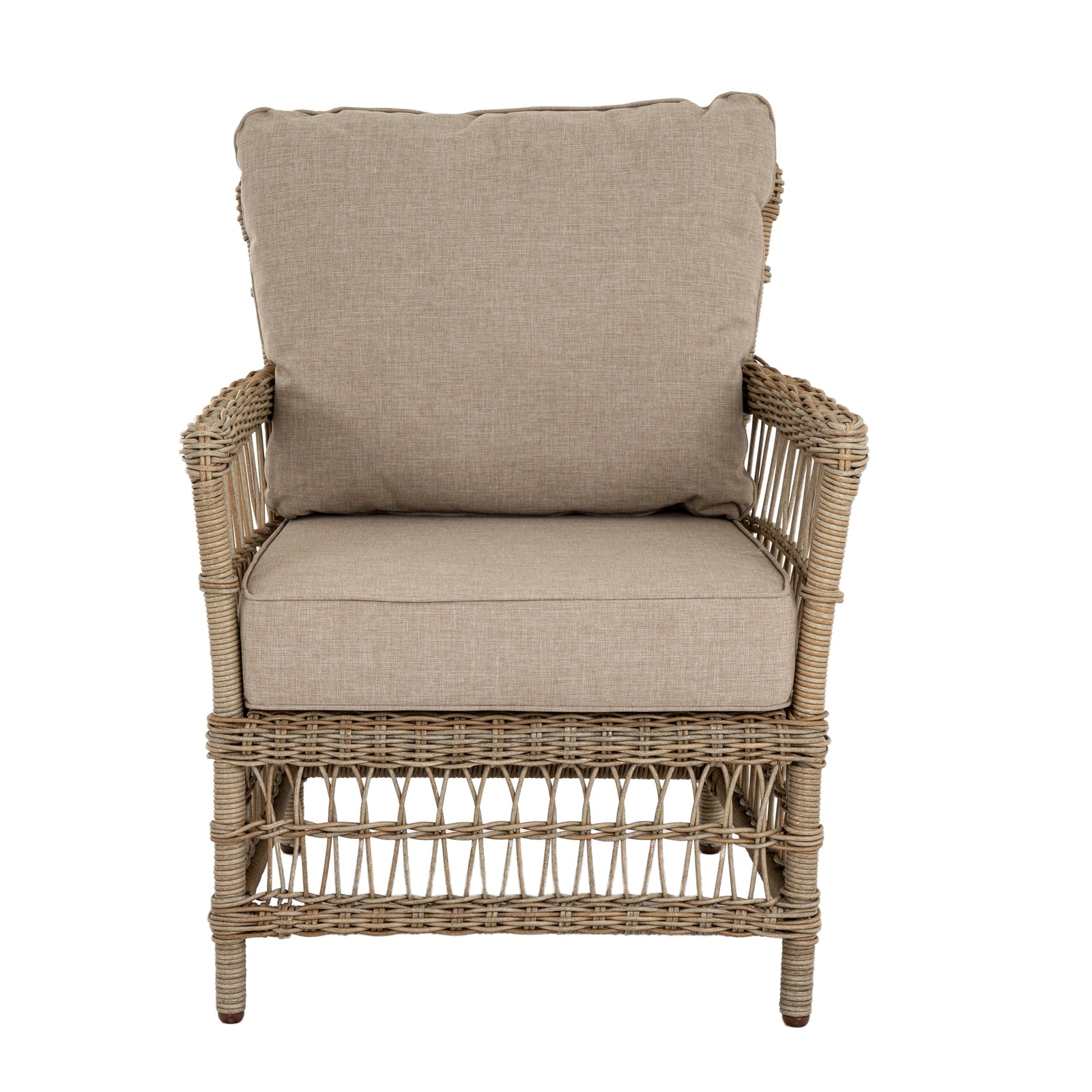 Wicker armchair with beige cushions on a white background