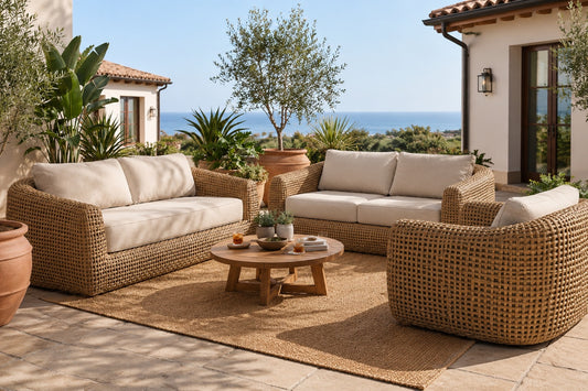 Outdoor patio furniture set with a woven wicker loveseat, matching armchair, and a round wooden coffee table on a jute rug, overlooking a scenic ocean view from a sunlit terrace.