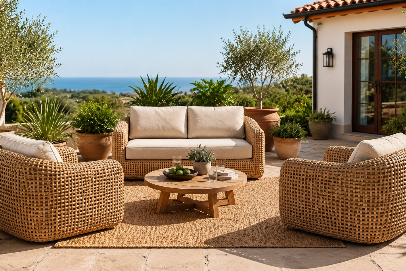 Outdoor patio furniture set including a woven wicker sofa, two matching armchairs, a round wooden coffee table, and a jute rug on a stone patio with a sea view background.