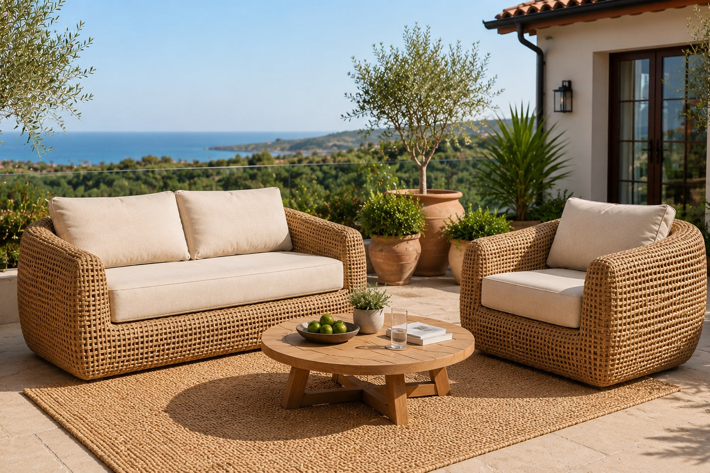 Outdoor patio furniture set including a woven wicker loveseat, matching armchair, round wooden coffee table, and a large jute rug, arranged on a stone patio with a scenic ocean and green landscape background.