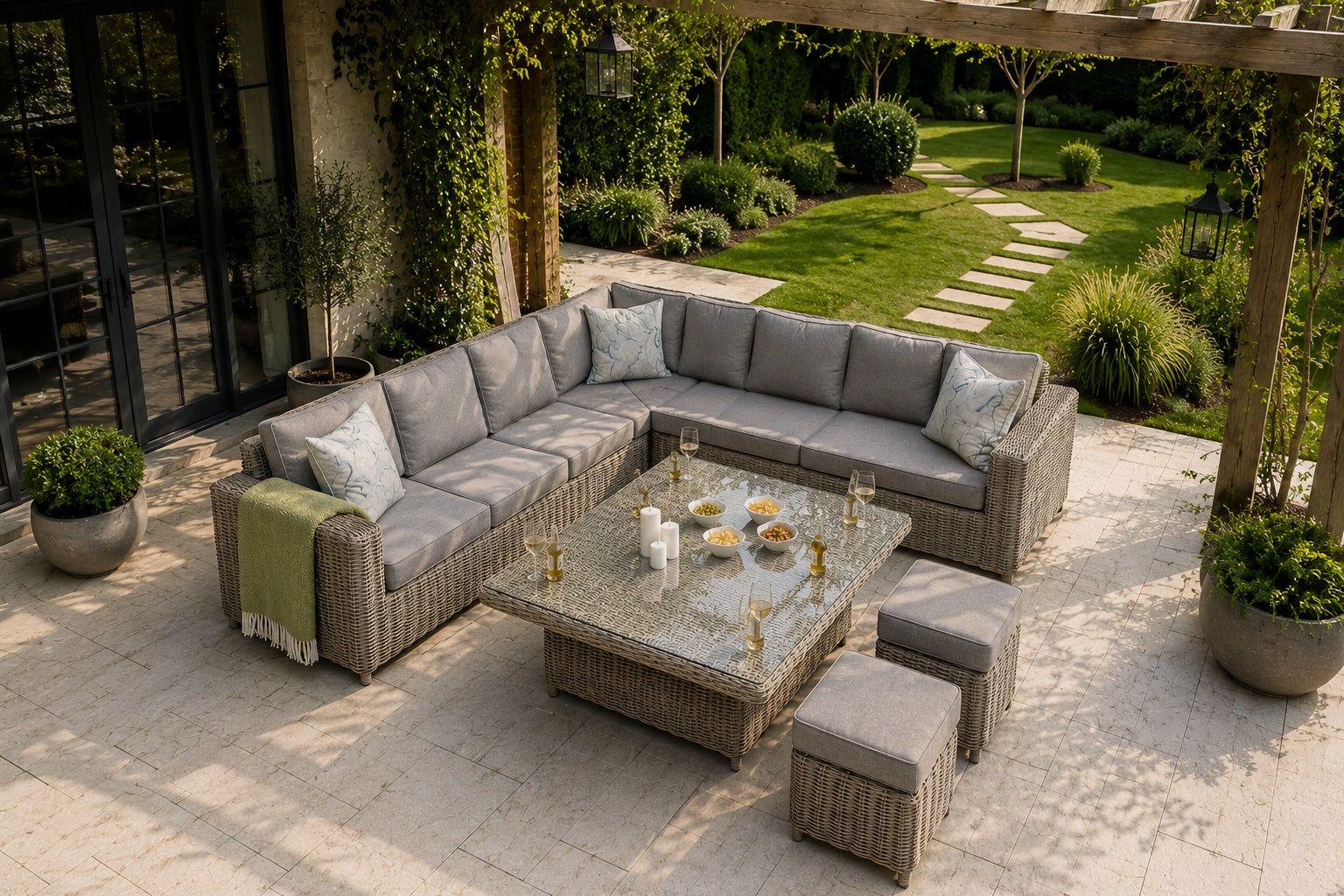 An outdoor patio seating set featuring a gray wicker sectional sofa, a matching rectangular coffee table with a glass top, two ottomans, and several throw pillows, arranged on a stone patio in a landscaped garden setting.
