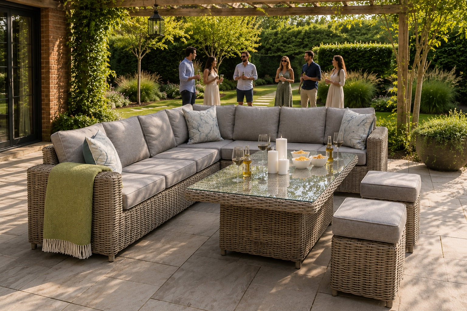 An outdoor patio conversation set with a wicker sectional sofa, matching ottomans, and a glass-top coffee table, staged on a stone patio under a pergola with garden views and people in the background.