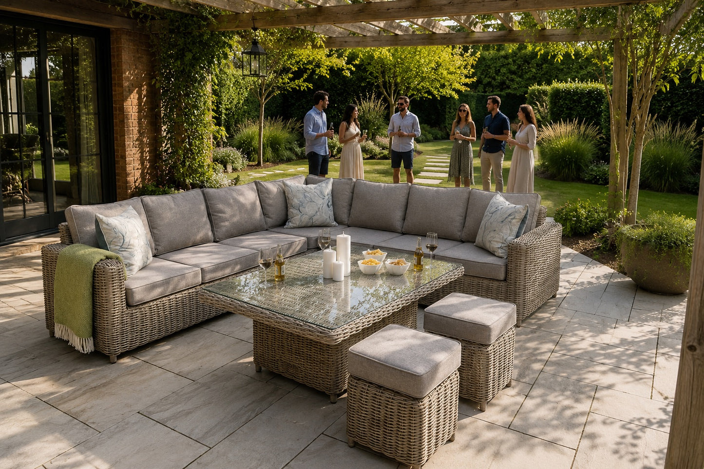 Outdoor wicker patio furniture set on a stone patio under a pergola, featuring a curved sectional sofa with light gray cushions, a glass-top coffee table, two matching ottomans, and a small green throw blanket. A group of people stands in the background on a garden lawn.