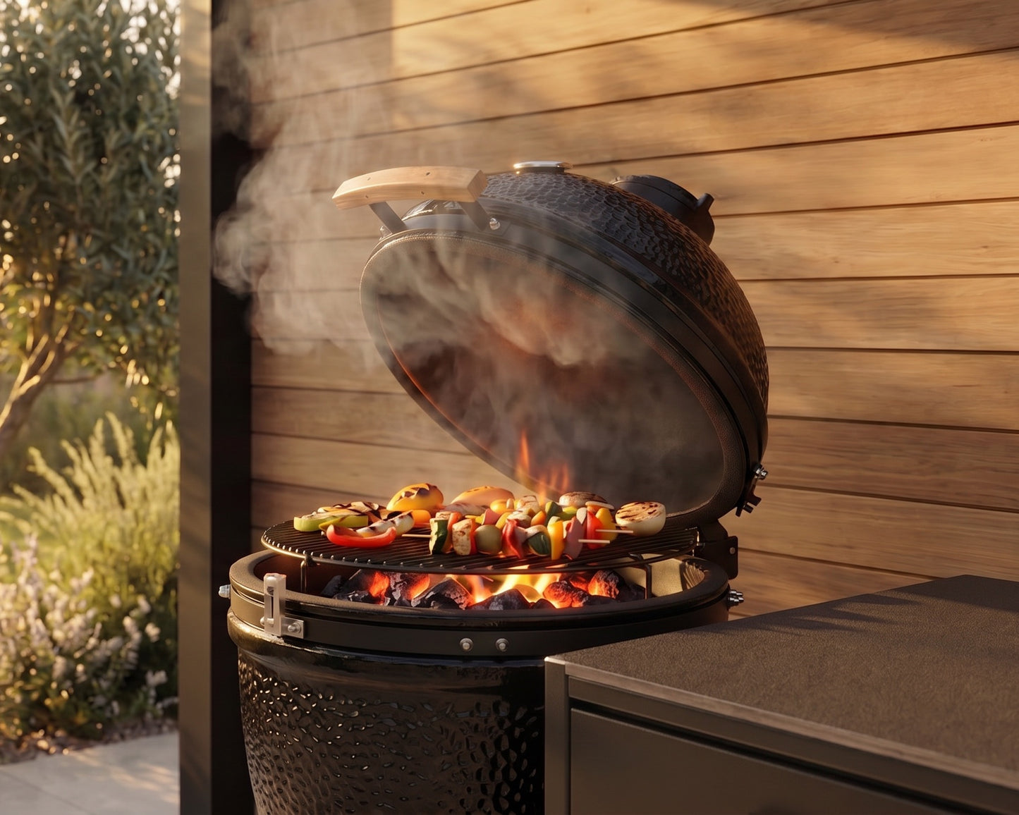 A black ceramic kamado-style grill with the lid open, cooking colorful grilled skewers over visible flames. The grill sits outdoors against a warm wood-paneled wall, with smoke rising and greenery visible on the left.