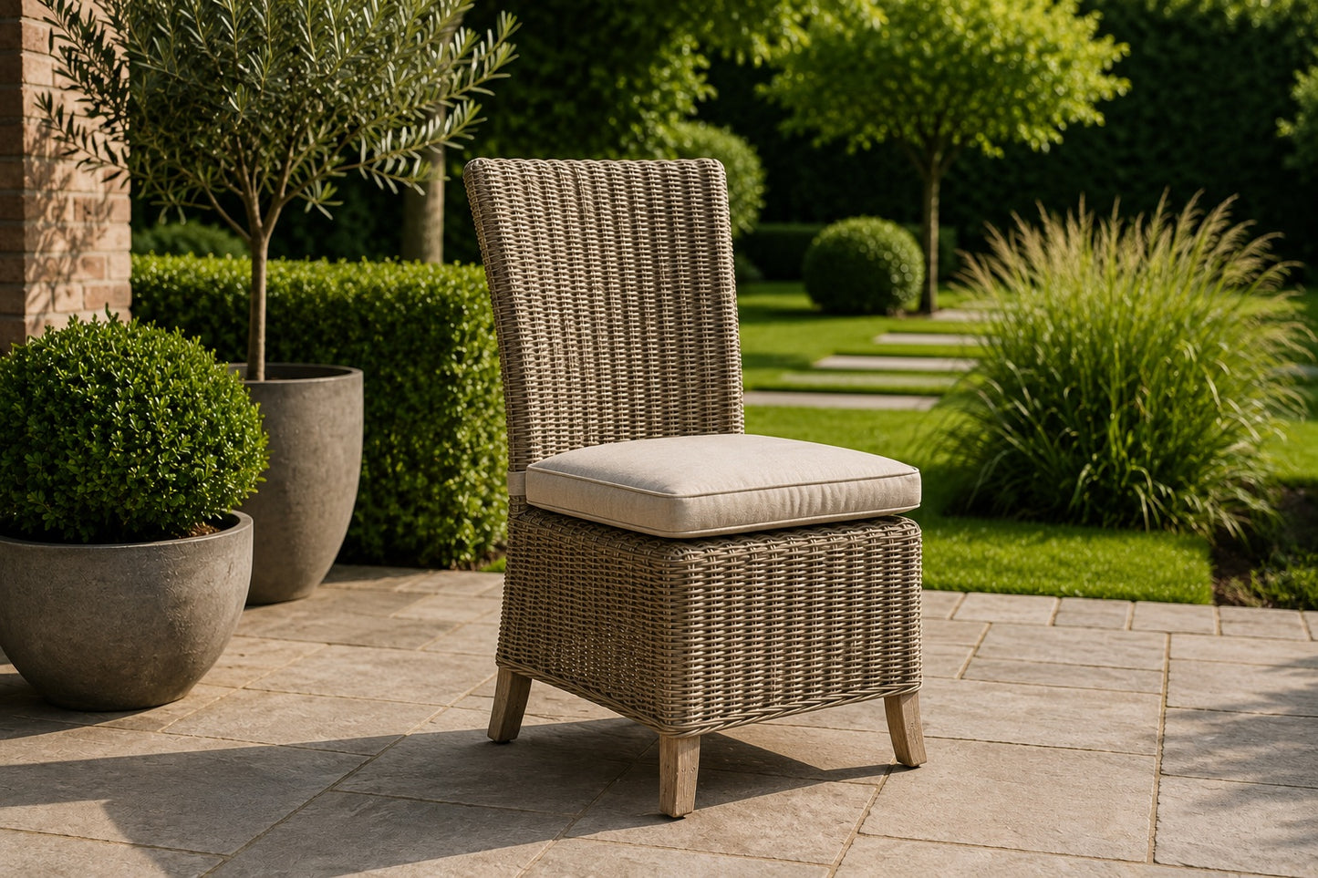 A wicker patio chair with a light beige cushion sits on a stone patio in a landscaped garden setting.