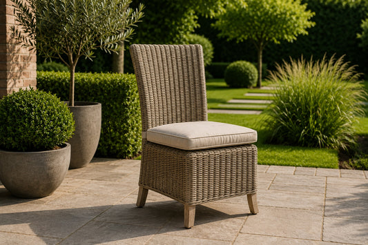 A wicker patio chair with a light beige cushion sits on a stone patio in a landscaped garden setting.