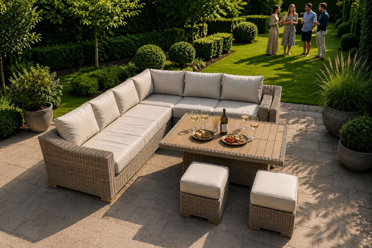 Outdoor patio conversation set with a wicker sectional sofa, matching coffee table, and two ottomans on a stone patio in a landscaped garden. A group of people is visible standing on the lawn in the background.