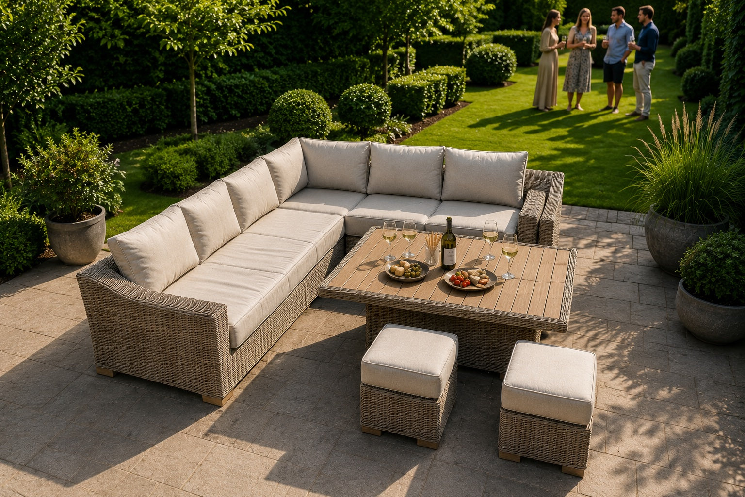 Outdoor patio conversation set with a wicker sectional sofa, matching coffee table, and two ottomans on a stone patio in a landscaped garden. A group of people is visible standing on the lawn in the background.