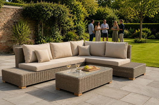 An outdoor patio conversation set with a wicker sectional sofa, matching ottomans, and a glass-top coffee table, shown in a landscaped garden with people standing in the background.