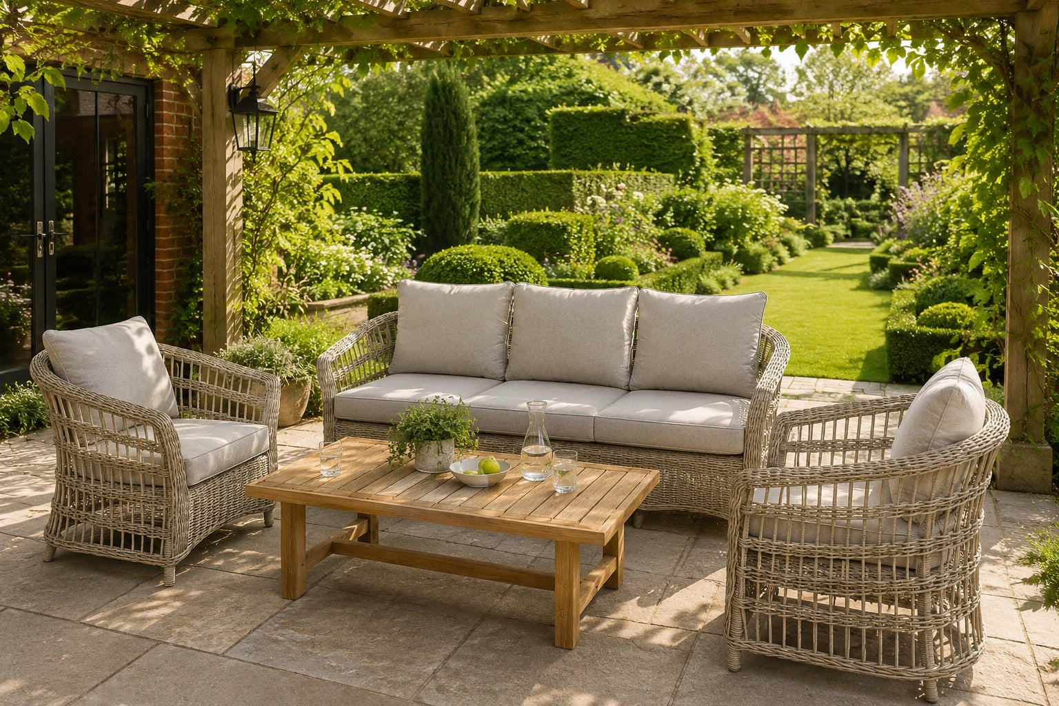 Outdoor patio furniture set including a three-seat wicker sofa, two matching armchairs, and a wooden coffee table with light beige cushions, arranged under a wooden pergola in a lush green garden.