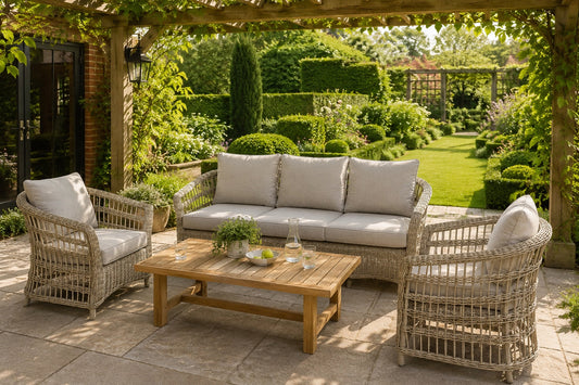 Outdoor patio furniture set including a three-seat wicker sofa, two matching armchairs, and a wooden coffee table with light beige cushions, arranged under a wooden pergola in a lush green garden.