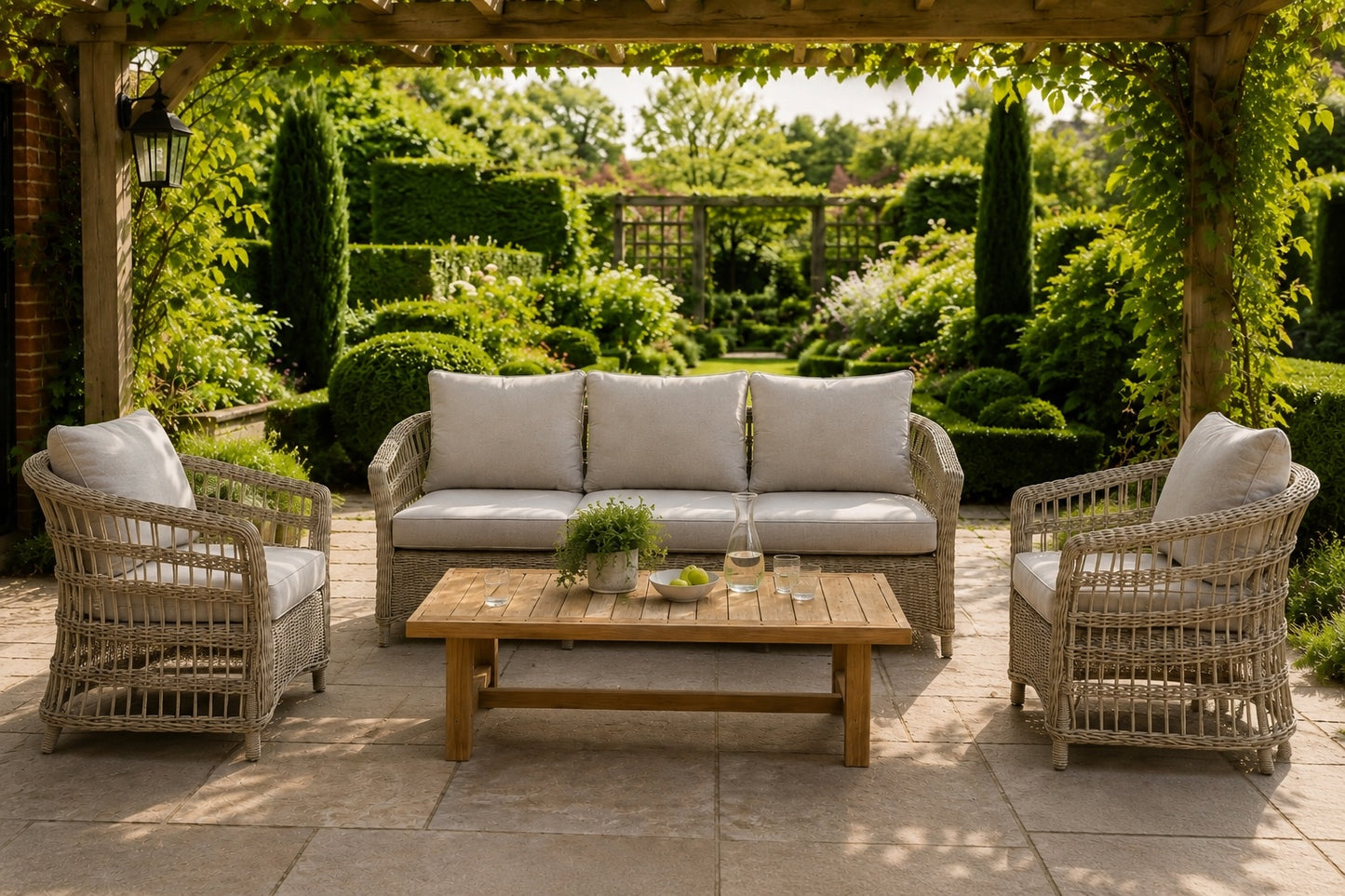 Outdoor patio furniture set including a three-seat wicker sofa, two matching armchairs with light cushions, and a wooden coffee table, arranged under a leafy pergola in a lush garden.
