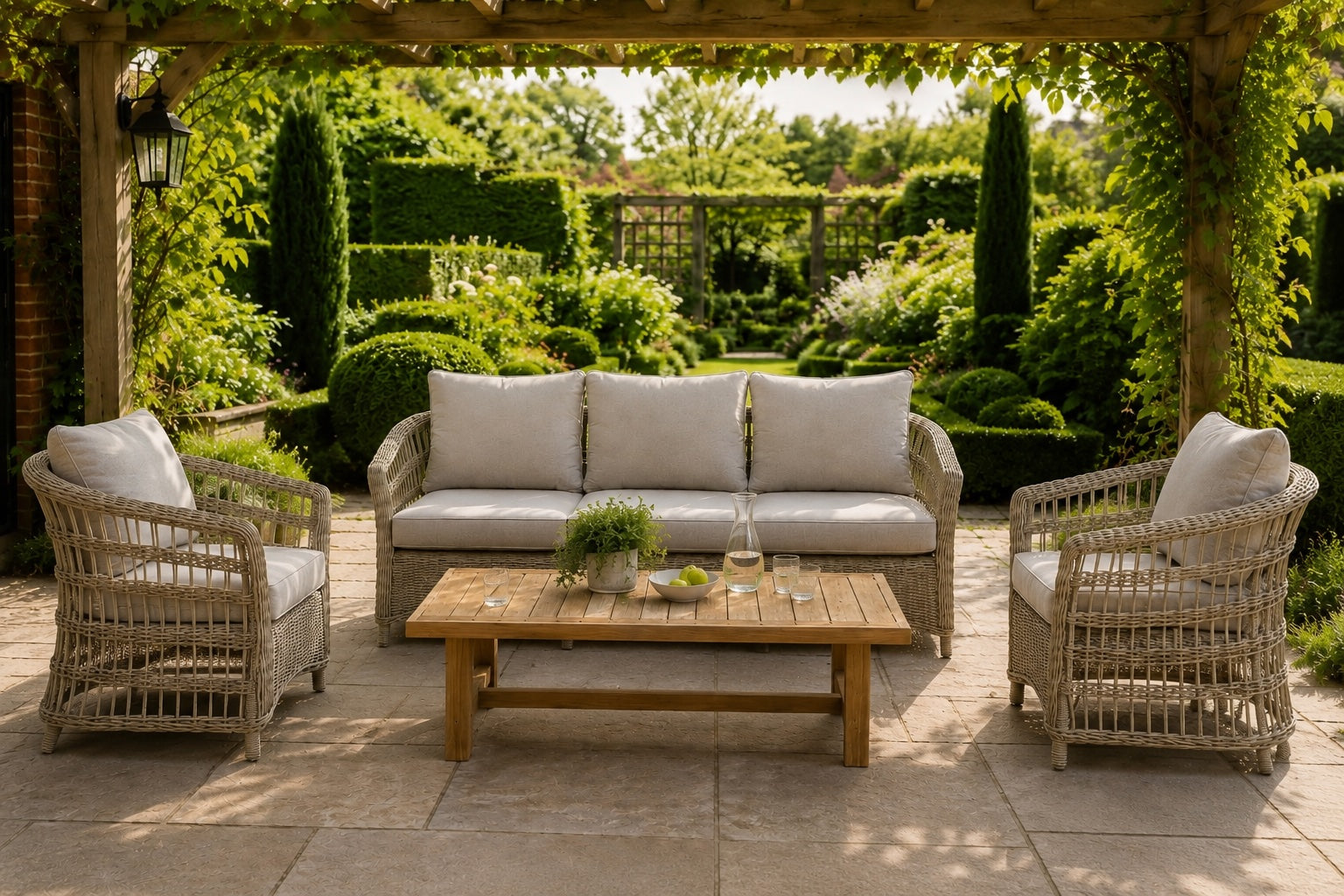 Outdoor patio furniture set including a three-seat wicker sofa, two matching armchairs with light cushions, and a wooden coffee table, arranged under a leafy pergola in a lush garden.