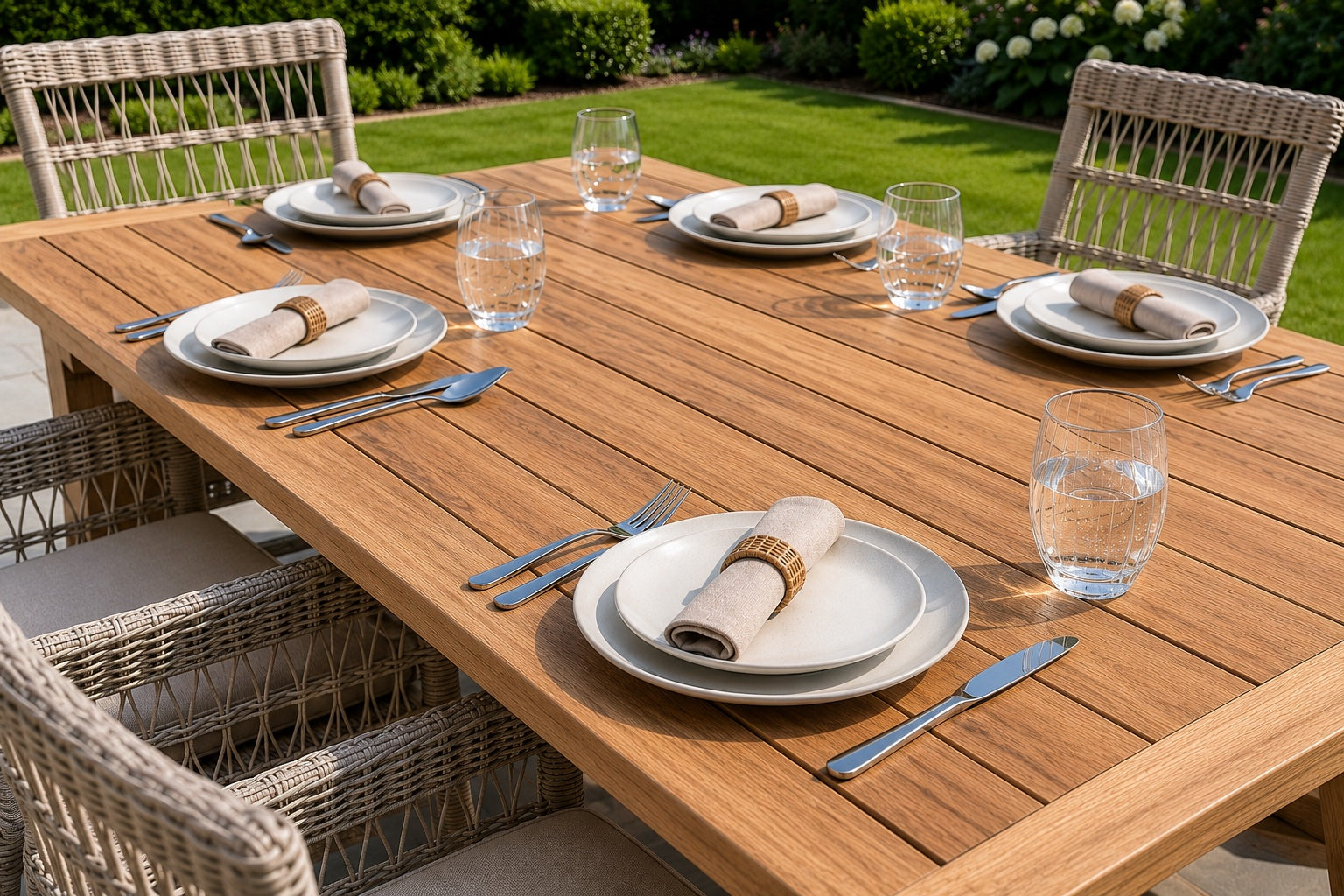 Outdoor dining table set with four place settings, including white plates, silver cutlery, clear drinking glasses, and rolled beige napkins, surrounded by woven wicker chairs on a patio with a green garden background.