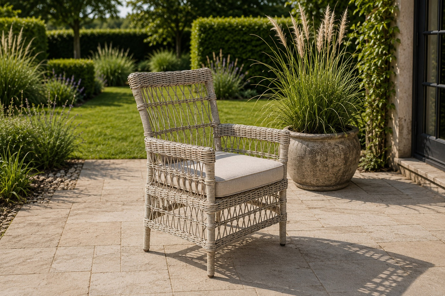 A light beige woven rattan armchair with a cream-colored seat cushion, positioned on a stone patio in a beautifully landscaped garden setting.