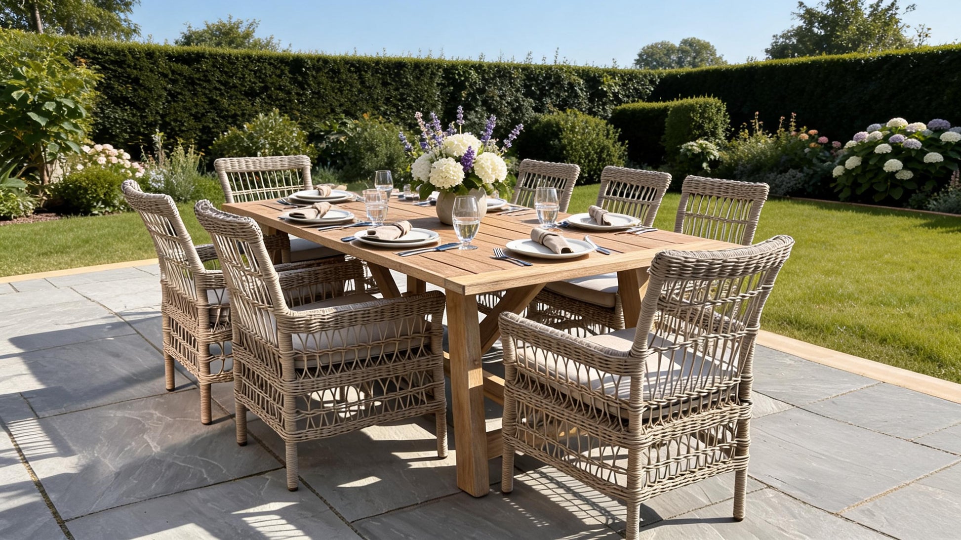 An outdoor dining set consisting of a rectangular wooden table and six woven wicker chairs with light cushions, arranged on a stone patio in a lush green garden.