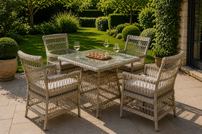 A 5-piece outdoor patio dining set featuring a square glass-top table and four woven wicker armchairs with cushioned seats, arranged on a stone patio in a lush green garden.