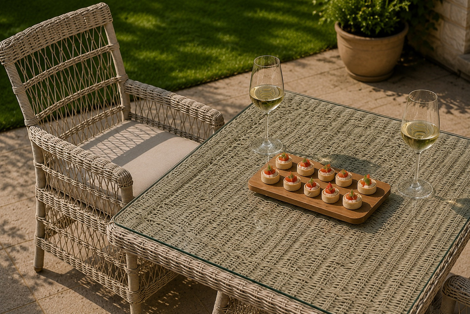 Outdoor patio scene with a woven wicker armchair and matching square table. The table has a glass top and holds a wooden board with small appetizers, plus two wine glasses filled with white wine.