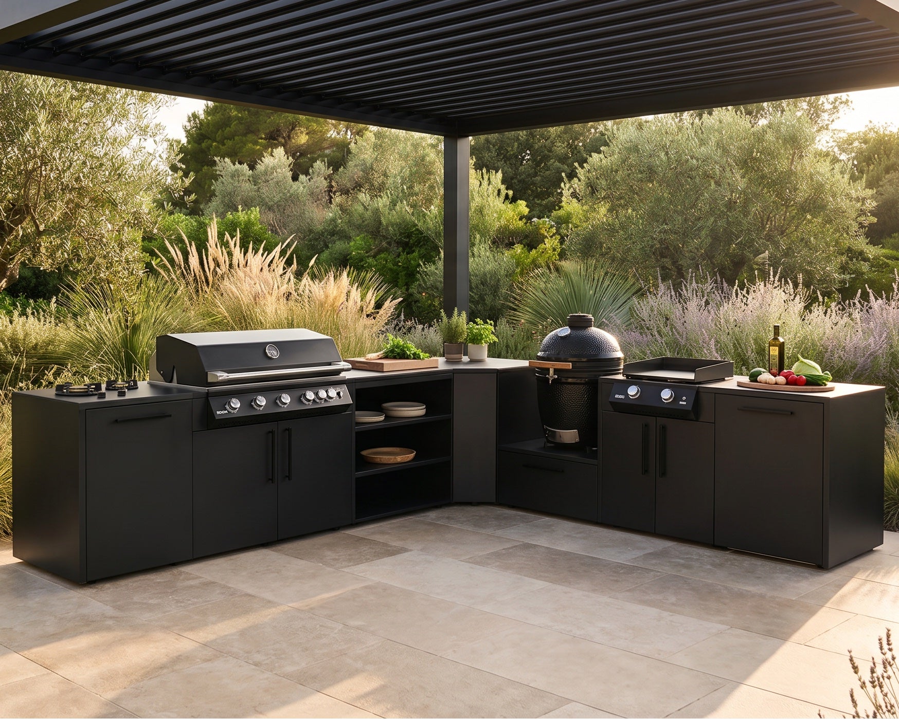 Outdoor kitchen with grill and refrigerator under a pergola in a garden setting