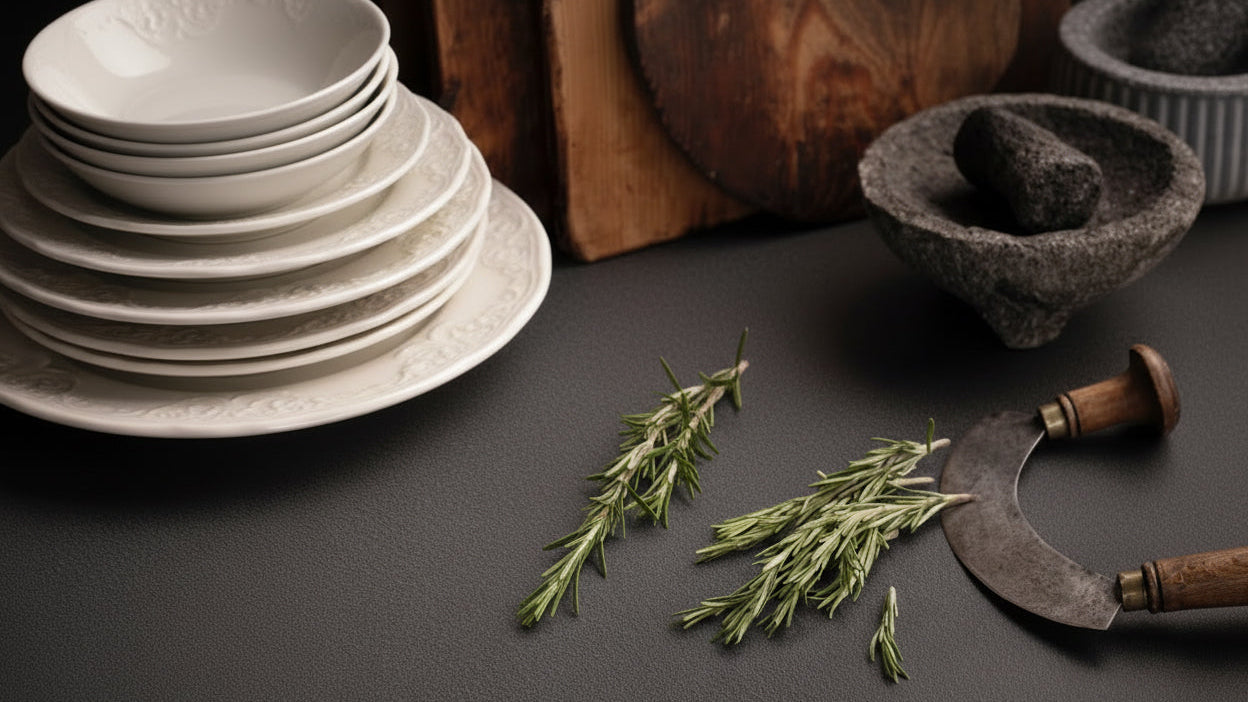 Herbs on a river washed outdoor kitchen workshop with a rustic knife and mortar and pestle.